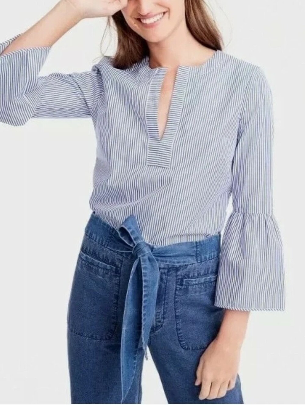 J.Crew (Black Label) Bell-Sleeve Top, Women's Size 2 Blue & White Striped